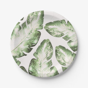 Elegant White Green Tropical Beach Leaves Wedding Paper Plate