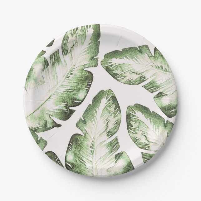 Elegant White Green Tropical Beach Leaves Wedding Paper Plate (Front)