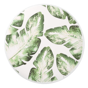 Elegant White Green Tropical Beach Palm Leaves Ceramic Knob