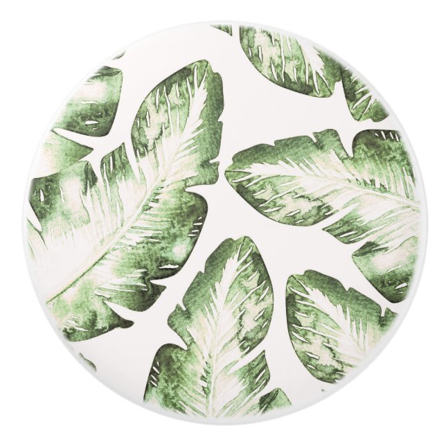 Elegant White Green Tropical Beach Palm Leaves Ceramic Knob (Front)