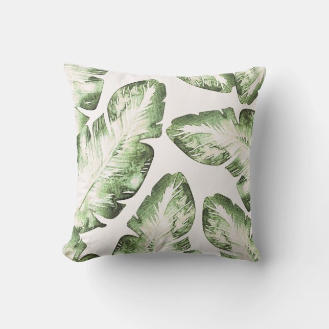 Elegant White Green Tropical Leaves Chic Island Cushion (Front)