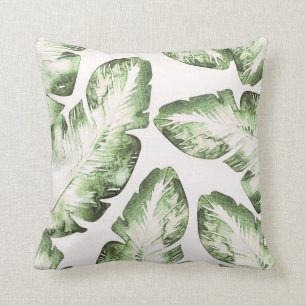 Elegant White Green Tropical Leaves Chic Island Cushion