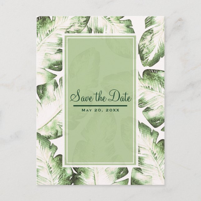 Elegant White Green Tropical Leaves Save the Date Announcement Postcard (Front)