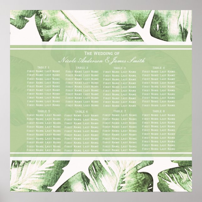 Elegant White Green Tropical Leaves Seating Chart (Front)