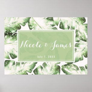 Elegant White Green Tropical Leaves Wedding Banner Poster