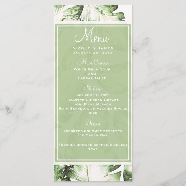 Elegant White Green Tropical Leaves Wedding Menu (Front)