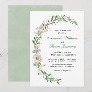 Elegant white green vintage floral wedding invitation