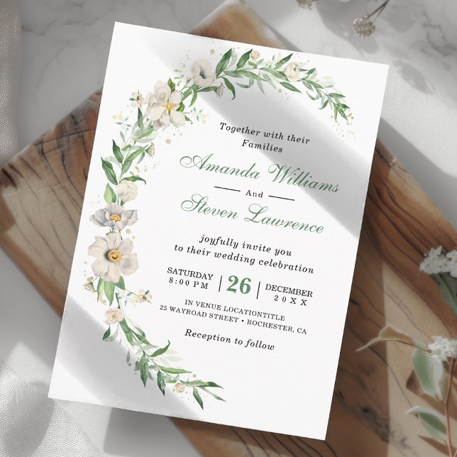 Elegant white green vintage floral wedding invitation (Creator Uploaded)