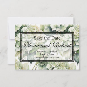 Elegant white green watercolor floral hydrangea save the date