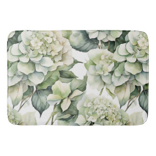 Elegant white green watercolor floral hydrangeas bath mat