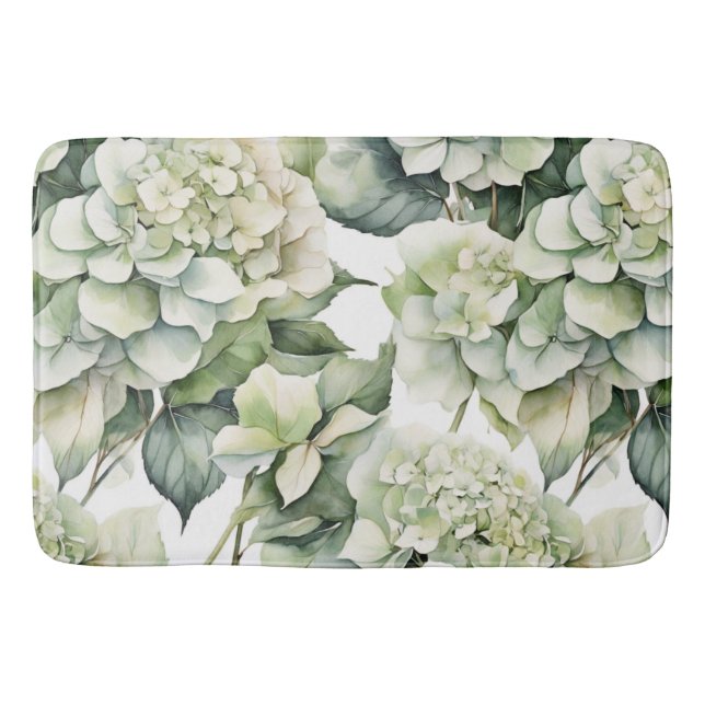 Elegant white green watercolor floral hydrangeas bath mat (Front)