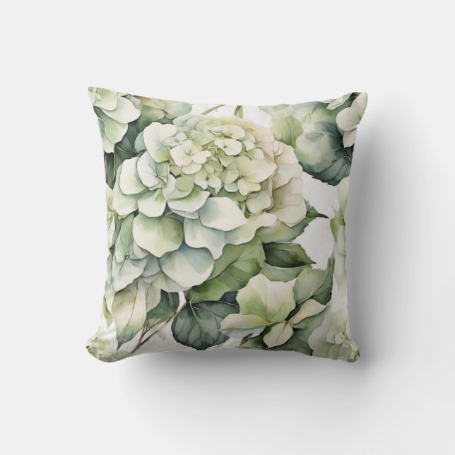 Elegant white green watercolor floral hydrangeas cushion (Front)