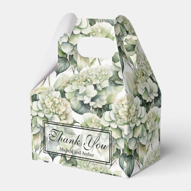 Elegant white green watercolor floral hydrangeas favour box (Front Side)