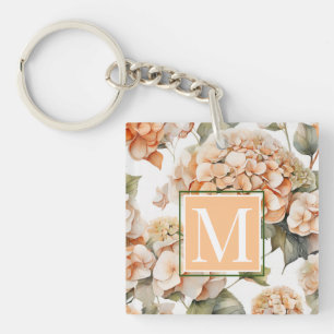 Elegant white green watercolor floral hydrangeas key ring