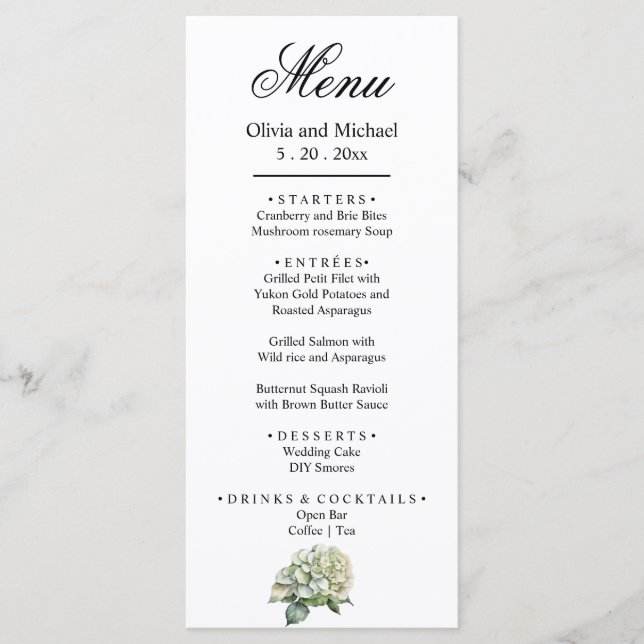 Elegant white green watercolor floral hydrangeas menu (Front)