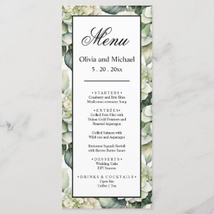 Elegant white green watercolor floral hydrangeas menu