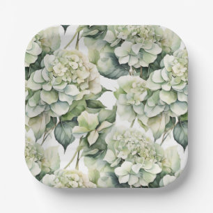 Elegant white green watercolor floral hydrangeas paper plate
