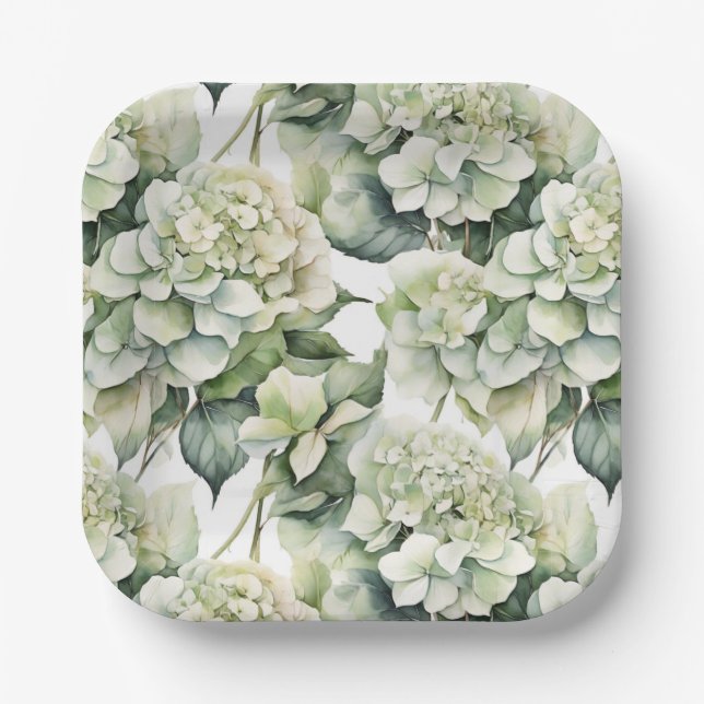 Elegant white green watercolor floral hydrangeas  paper plate (Front)