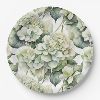 Elegant white green watercolor floral hydrangeas  paper plate