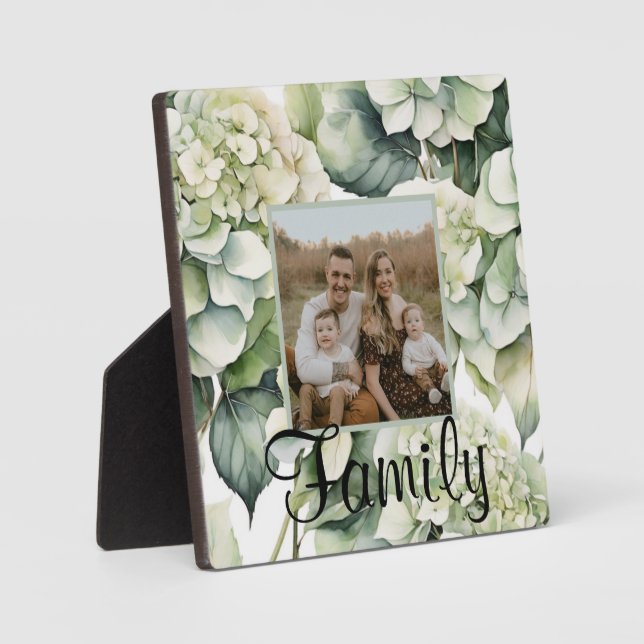 Elegant white green watercolor floral hydrangeas plaque (Front)