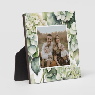 Elegant white green watercolor floral hydrangeas plaque