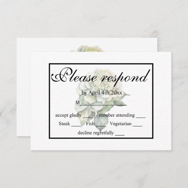 Elegant white green watercolor floral hydrangeas RSVP card (Front/Back)
