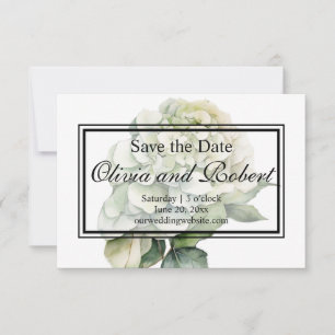 Elegant white green watercolor floral hydrangeas save the date