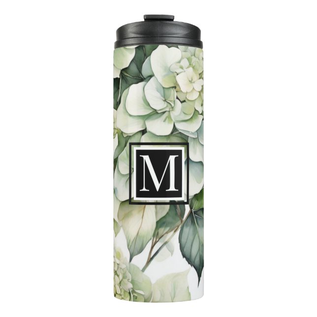 Elegant white green watercolor floral hydrangeas thermal tumbler (Front)