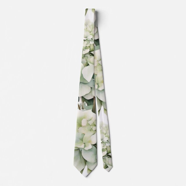 Elegant white green watercolor floral hydrangeas tie (Front)