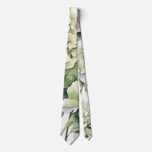 Elegant white green watercolor floral hydrangeas tie (Front)