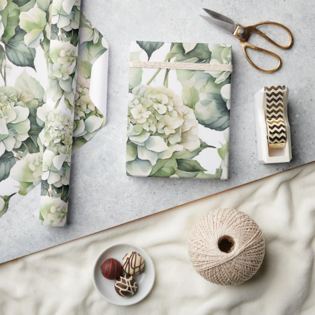 Elegant white green watercolor floral hydrangeas wrapping paper (Crafts)