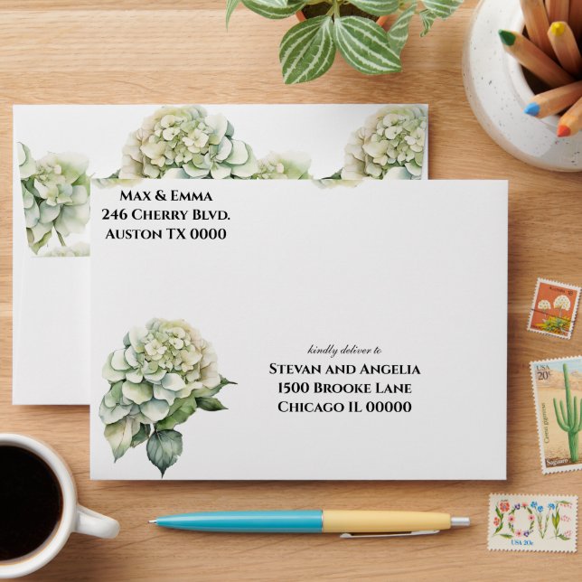 Elegant white green watercolor floral wedding envelope (Desk)