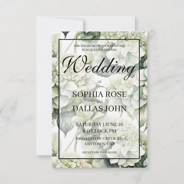 Elegant white green watercolor floral Wedding Invitation (Front)