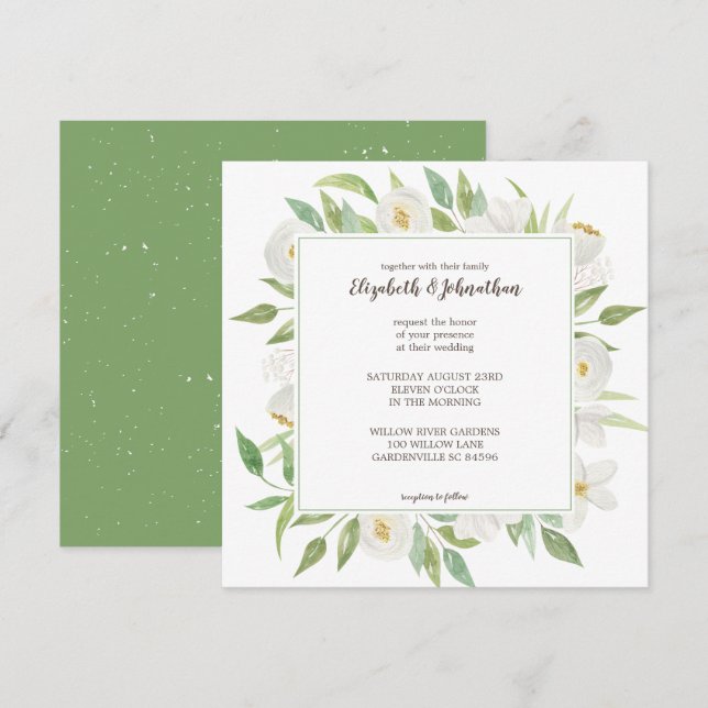 Elegant White & Green Watercolor Floral Wedding Invitation (Front/Back)