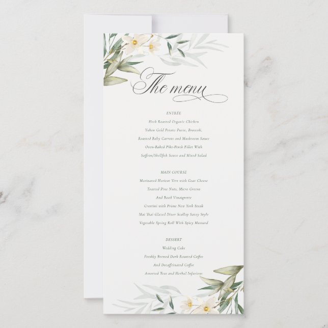 Elegant White Greenery Floral Wedding Menu Card (Front)