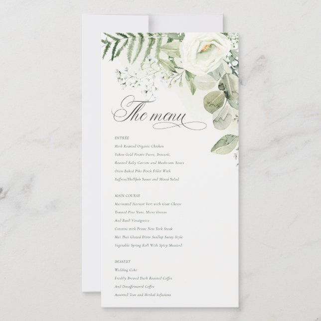 Elegant White Greenery Floral Wedding Menu Card (Front)