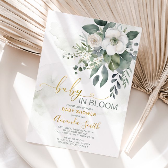 Elegant White Greenery Flowers Baby In Bloom Invitation (Creator Uploaded)