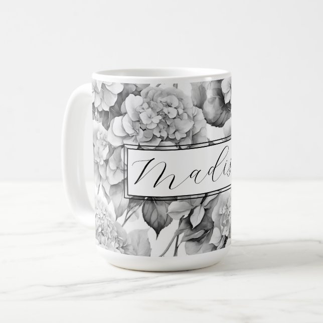 Elegant white grey black floral watercolor  coffee mug (Front Left)