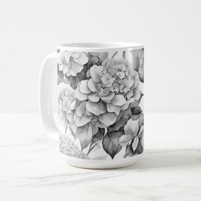 Elegant white grey black floral watercolor  coffee mug (Front Left)