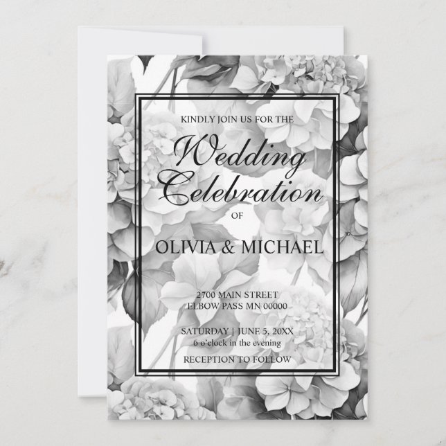 Elegant white grey black floral watercolor  invitation (Front)