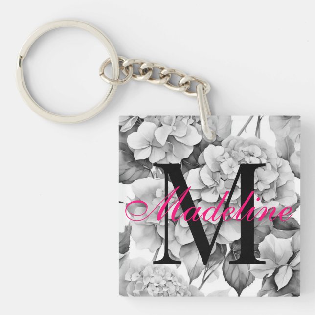 Elegant white grey black floral watercolor  key ring (Front)