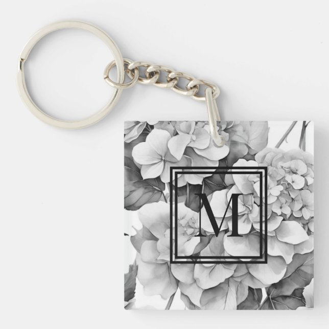 Elegant white grey black floral watercolor  key ring (Front)
