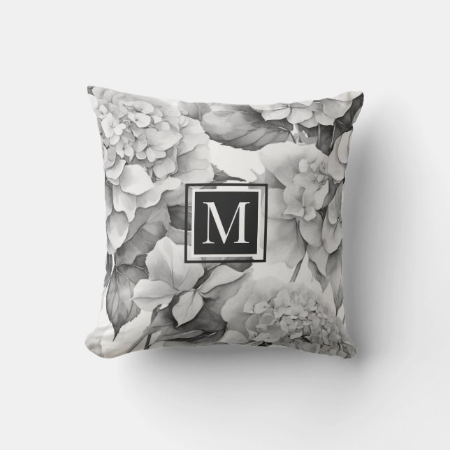 Elegant white grey black floral watercolor monogra cushion (Front)