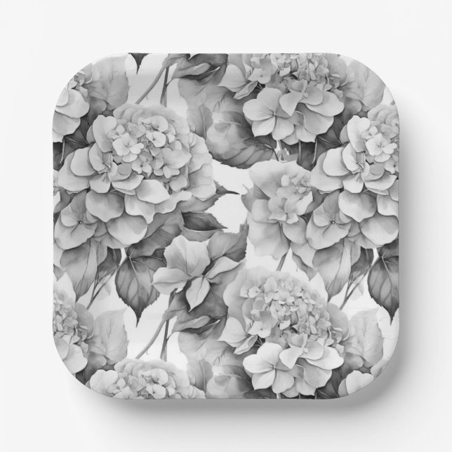 Elegant white grey black floral watercolor  paper plate (Front)