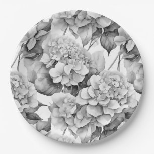 Elegant white grey black floral watercolor  paper plate