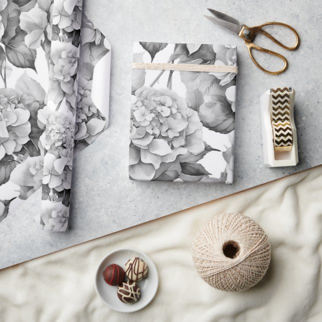 Elegant white grey black floral watercolor  wrapping paper (Crafts)