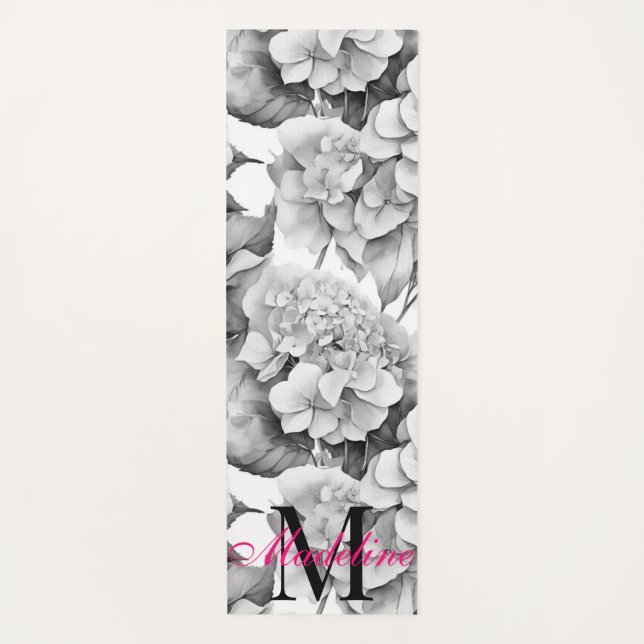 Elegant white grey black floral watercolor  yoga mat (Front)
