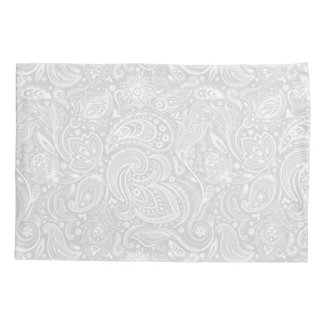 Elegant White & Grey Floral Paisley Pattern Pillowcase (Back)