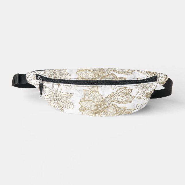Elegant  white grey gold marble floral Fanny Packs (Front)
