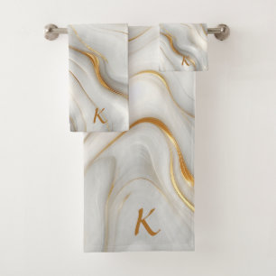 Elegant White Grey & Gold Marble Swirl  Initial Bath Towel Set